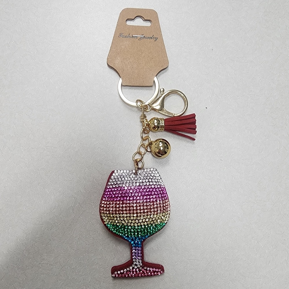 Mix Color Wine Glass Iconic Key Chain Rhinestones Tassle Clip & Key Ring 3D